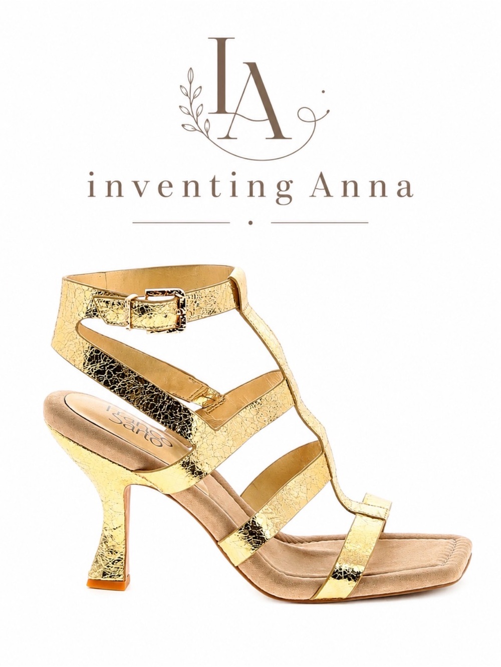 Franco Sarto Gold Metallic Strappy Square Toe 3” Heel Sandals size 9.5